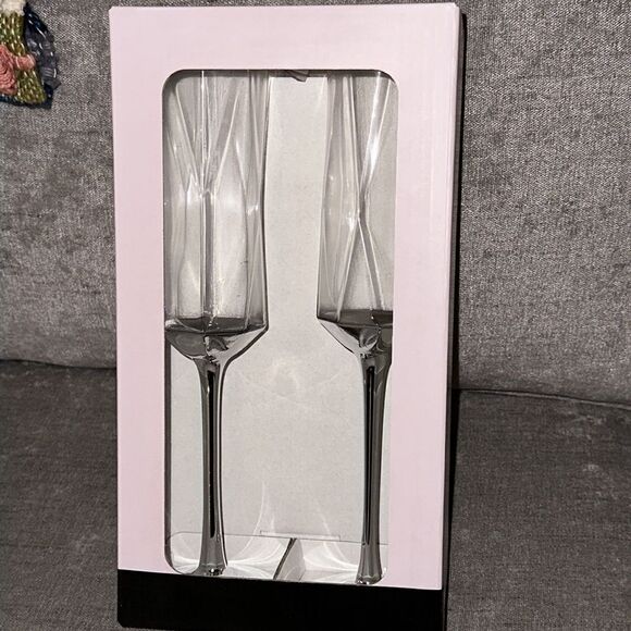 🔥Rachel Zoe Long Champagne Flute Glass Silver Set of Two! - Picture 8 of 8